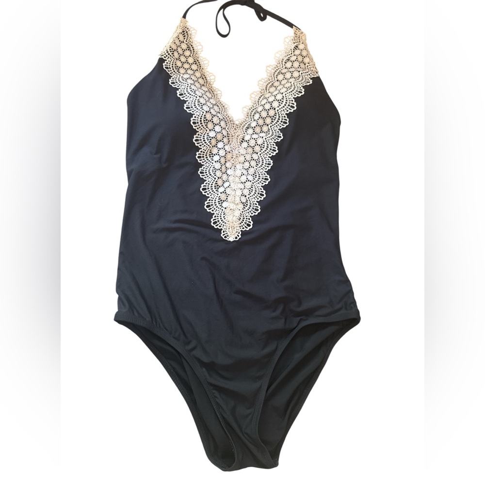 Sea Angel one piece  swimsuit Black with Cream Lace Accent